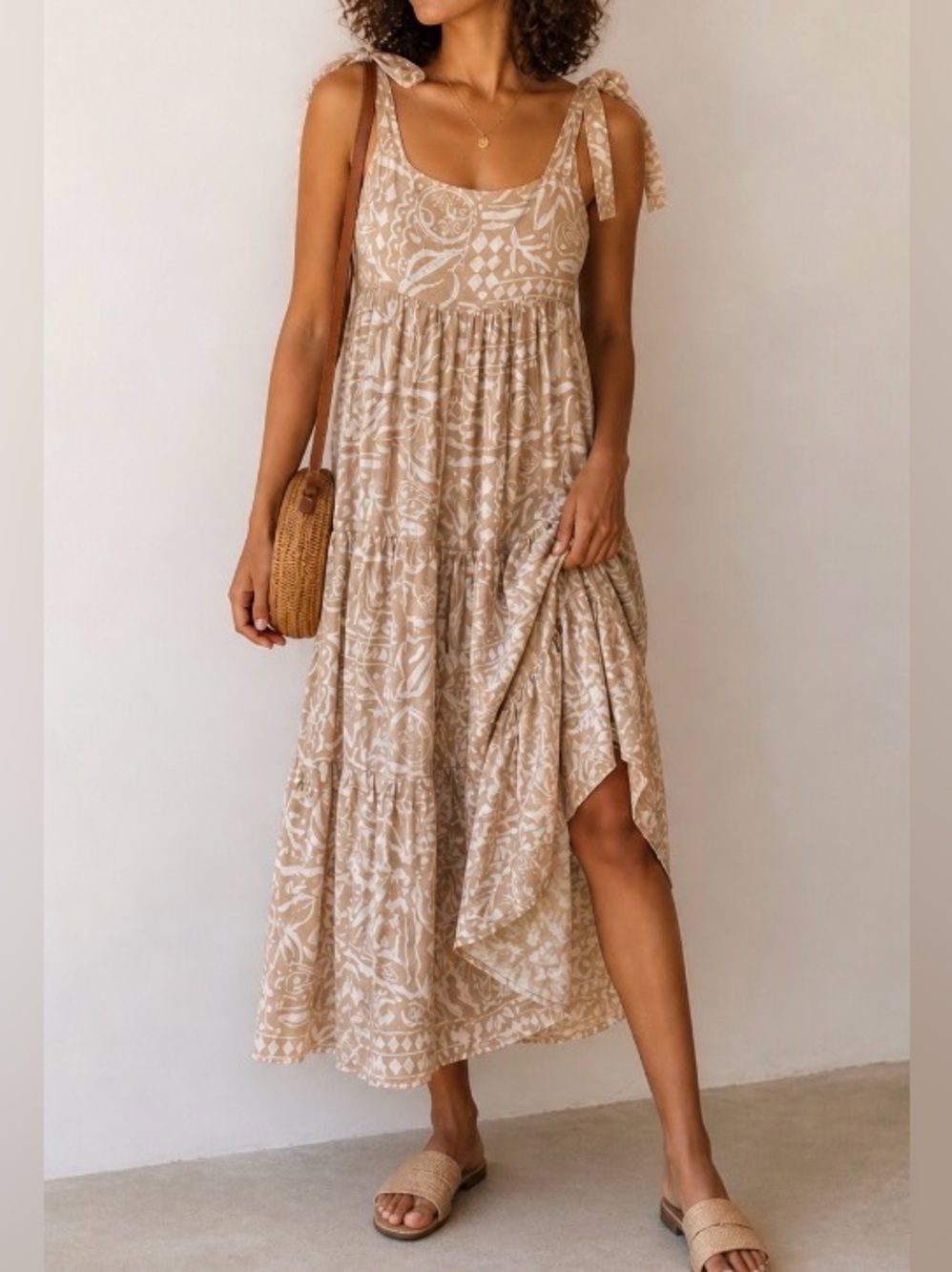 BLU PEPPER Tan and White Tiered Light Weight Maxi Dress Size L